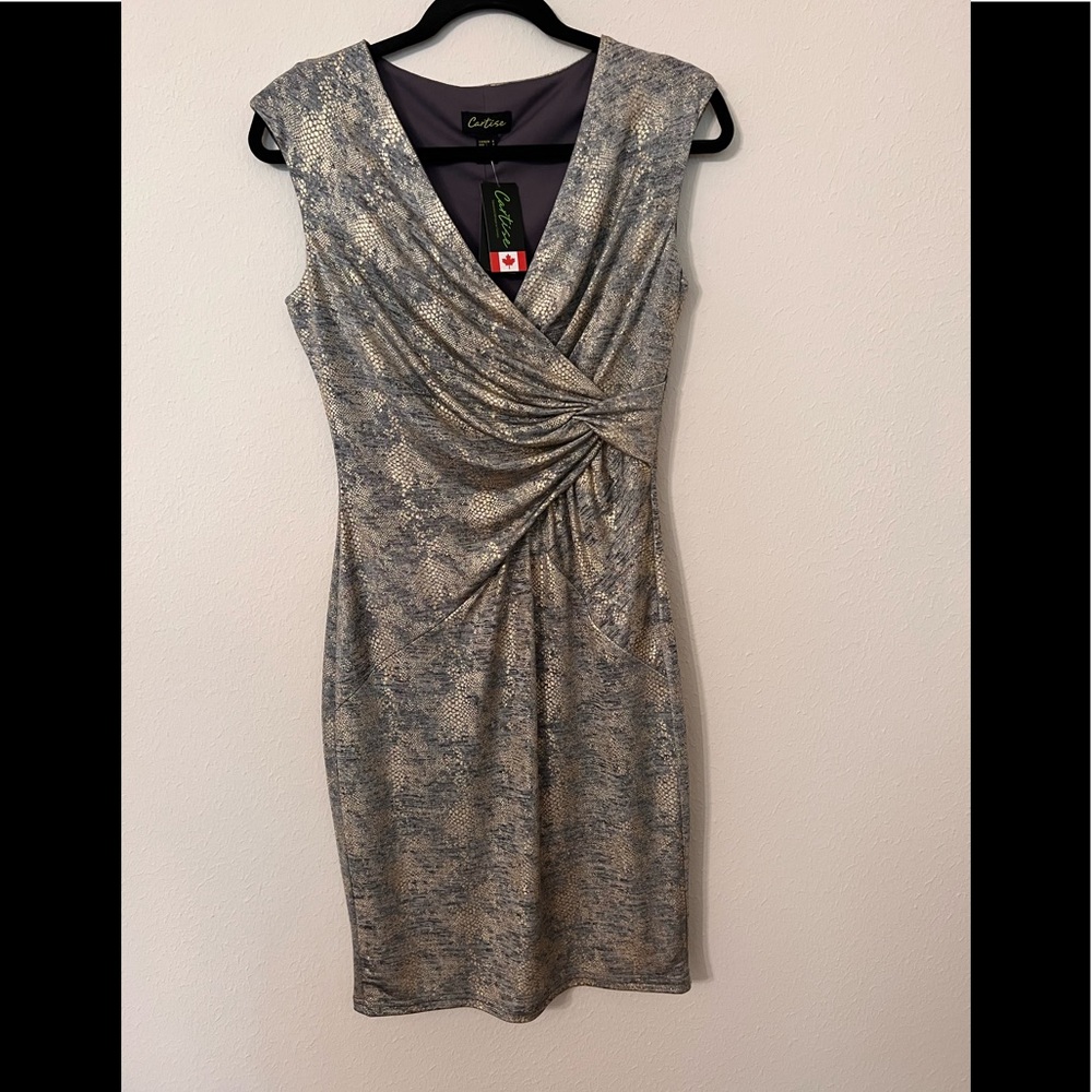 NWTs CARTISE form-fitting sexy dress, Sz2, gold/grey with deep V-neck